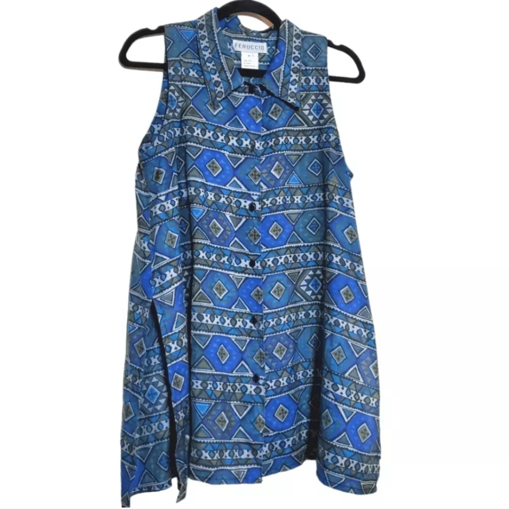 Feruccio Womens Silk Geometric Print Tunic Button Up Top Size Medium
